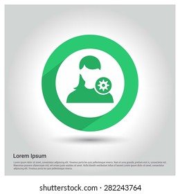 Green Admin Female User Icon, Circle Long shadow pictogram icon on gray background.