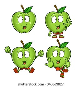 Green adorable apple character set with different poses and emotions isolated on white background