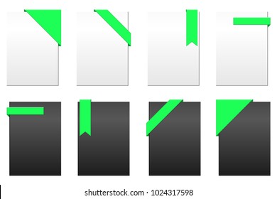 Green advertising template corners and bookmarks patterns on white and black background, isolated, vector illustration 