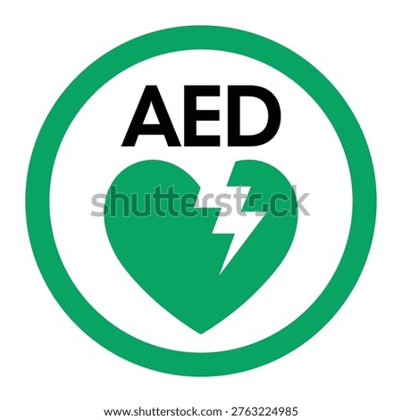 Green AED defibrillator sign with heart and lightning symbol. Indicates location of automated external defibrillator for emergency cardiac response. Ideal for public spaces, workplaces, and safety signage.