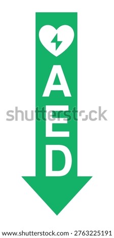 Green AED direction sign with downward arrow and heart lightning symbol. Indicates the direction to automated external defibrillator location. Ideal for hospitals, offices, and public safety wayfinding.