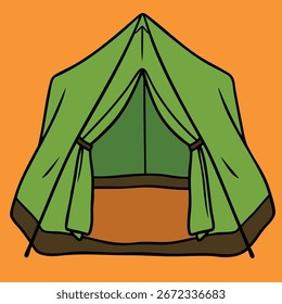 A green A-frame camping tent, flat vector art with bold black outlines, solid green and brown colors, on a solid light orange background