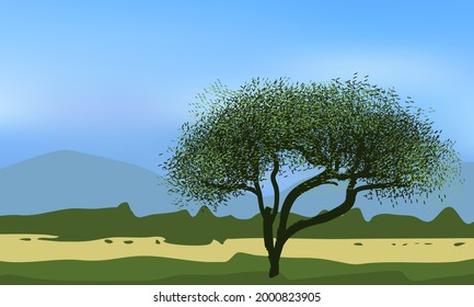 Green African green savanna with lonely acacia and distant mountains.