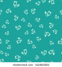 Green Aftershave bottle with atomizer icon isolated seamless pattern on green background. Cologne spray icon. Male perfume bottle.  Vector Illustration