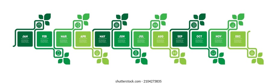 Green agenda. Annual step-by-step plan for overcoming the crisis. Global warming. Infographics or timeline with 12 parts.