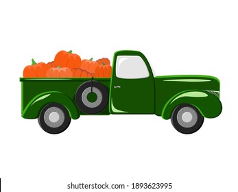 Green Agricultural farm car in flat style with pumpkins
