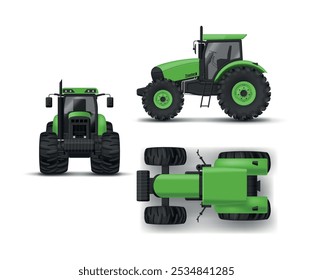 Green agricultural tractor farming transport front side top view realistic vector illustration. Farmer agriculture machine vehicle for harvest industry transportation motor engineering production