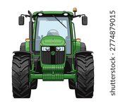 Green agricultural tractor with large front wheels facing forward