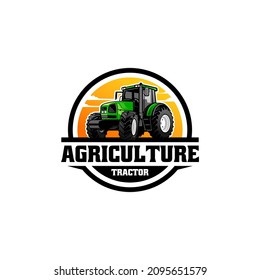 Green agricultural tractor with sky background logo design with emblem style