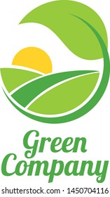 Green Agriculture Farming Fruit Vegetable Manufacturer Company Logo With Sun, Leaf, Field, Garden Patterns