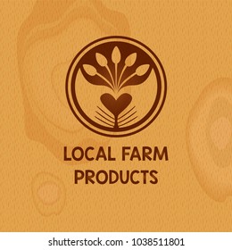 Green agro family local farm. Ecology natural product and organic food. Silhouette hand and seed. Sketch vector illustration on wood texture background. 