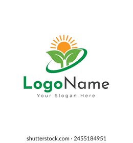 Green agro logo with fields and leaves. Logo design, farm logo design