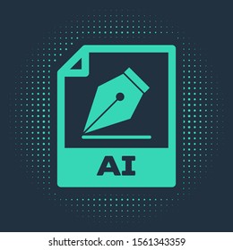 Green AI file document. Download ai button icon isolated on blue background. AI file symbol. Abstract circle random dots. Vector Illustration