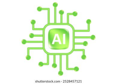 Green AI technology 3D chip icon, isolated, transparent background. Futuristic glowing glass processor icon, digital connection, computer CPU, artificial intelligence network.
