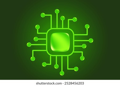 Tecnologia IA verde brilhante ícone chip 3D, fundo isolado e transparente. Processador futurista, conexão digital, CPU de computador, rede de inteligência artificial.