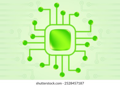 Green AI technology glowing 3D chip icon, light green gradient background. Futuristic processor, digital connection, computer CPU, artificial intelligence network.