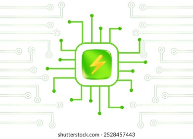 Green AI technology glowing 3D chip icon, isolated, transparent background. Futuristic processor, digital connection, computer CPU, artificial intelligence network.