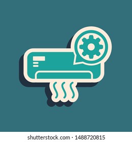 Green Air conditioner and gear icon isolated on blue background. Adjusting app, service concept, setting options, maintenance, repair, fixing. Long shadow style. Vector Illustration