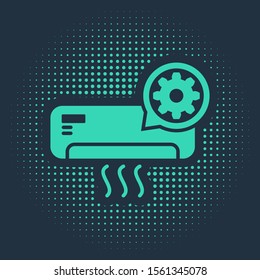 Green Air conditioner and gear icon isolated on blue background. Adjusting app, service concept, setting options, maintenance, repair, fixing. Abstract circle random dots. Vector Illustration
