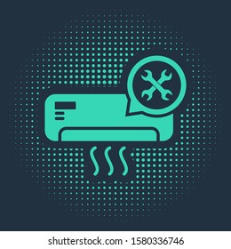 Green Air conditioner with screwdriver and wrench icon isolated on blue background. Adjusting, service, setting, maintenance, repair, fixing. Abstract circle random dots. Vector Illustration