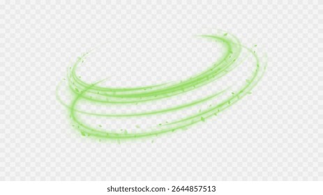 Green  air swirl effect with bright flow with flying mint leaves PNG. Green swirl on transparent background. Vector