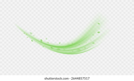 Green  air swirl effect with bright flow with flying mint leaves PNG. Green swirl on transparent background. Vector