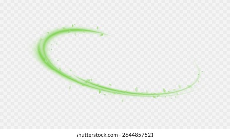 Green  air swirl effect with bright flow with flying mint leaves PNG. Green swirl on transparent background. Vector