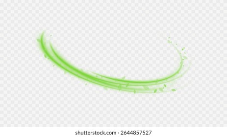 Green  air swirl effect with bright flow with flying mint leaves PNG. Green swirl on transparent background. Vector