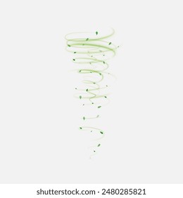 Green air swirl effect with flying leaves on white background PNG, vector realistic illustration for pharmaceutical industry advertising design.