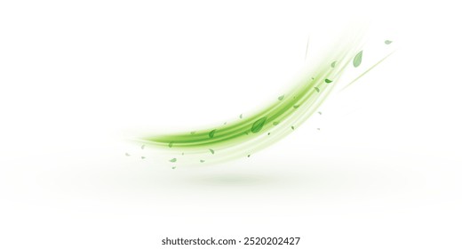 Efecto de remolino de aire verde con menta voladora, hojas de té aisladas sobre fondo blanco, ilustración realista de Vector para el diseño publicitario de la industria farmacéutica y alimentaria.	