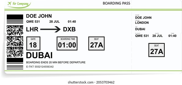 Green airline boarding pass. Template of a boarding pass ticket isolated on white background. Vector illustration