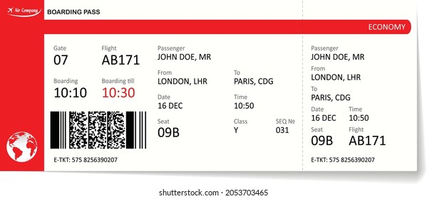 Green airline boarding pass. Template of a boarding pass ticket isolated on white background. Vector illustration