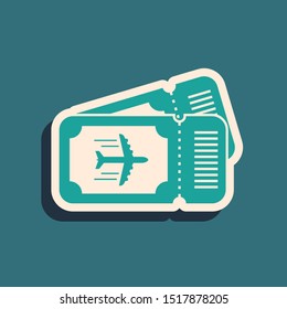 Green Airline ticket icon isolated on blue background. Plane ticket. Long shadow style. Vector Illustration