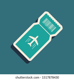 Green Airline ticket icon isolated on blue background. Plane ticket. Long shadow style. Vector Illustration
