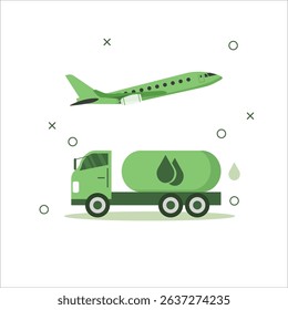 A green airplane is being refueled by a green fuel truck, also showing a fuel drop, possibly for aviation purposes.