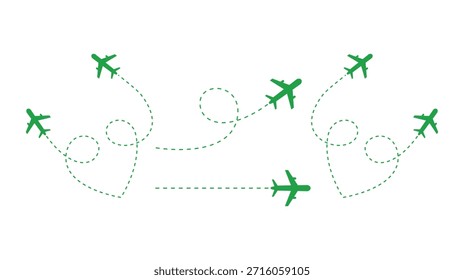 Aviones verdes con rutas de vuelo discontinuas aislados sobre fondo blanco
