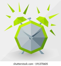 Green alarm clock by triangles,  polygon  vector illustration