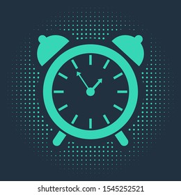 Green Alarm clock icon isolated on blue background. Wake up, get up concept. Time sign. Abstract circle random dots. Vector Illustration