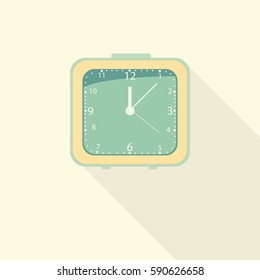 Green alarm clock icon with long shadow.flat design.vector illustration.