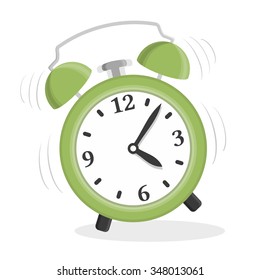Green alarm clock on white background, flat design, vector eps10 illustration