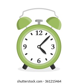 Green alarm clock on white background, flat design, vector eps10 illustration