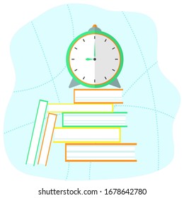 A green alarm clock stands on a tall stack of colorful books. Simple illustration on a light blue background