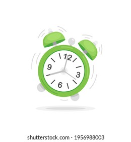 Green alarm clock vector illustration in flat design on white background. Ringing alarm clock. Eps 10