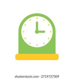 Um despertador verde com uma base amarela fica sobre um fundo branco. O relógio tem um design simples e moderno com uma face redonda e uma mão curta. É uma ilustração de um despertador típico usado para acordar pessoas de manhã.