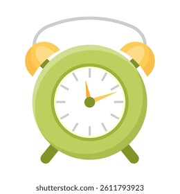Green alarm clock with yellow bells and hands. Flat design for apps, websites, or childrens project