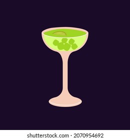 Green alcohol cocktail in high glass. Cold party drink with ice cubes, lime fruit piece and gin. Summer refreshing tropical beverage with citrus juice. Isolated colored flat vector illustration