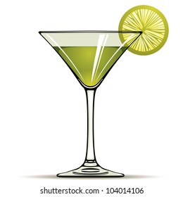 Green alcohol cocktail with green lime isolated on white, vector illustration.