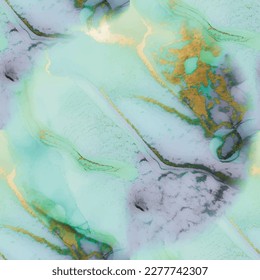 Repetición de tinta verde de alcohol. La Moderna Acuarela De Mármol Fluido Repetida Y Sin Margen. Mármol de color de agua azul. Fondo Lilac de la tinta del alcohol. Deslumbrador Elegante De Pared. Piso de tinta dorada. Fondo de degradado azul.