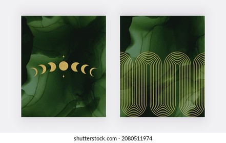 Green alcohol ink watercolor with golden moon phases and rainbows wall art print