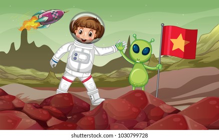 Green alien and astronaut in space with red flag illustration